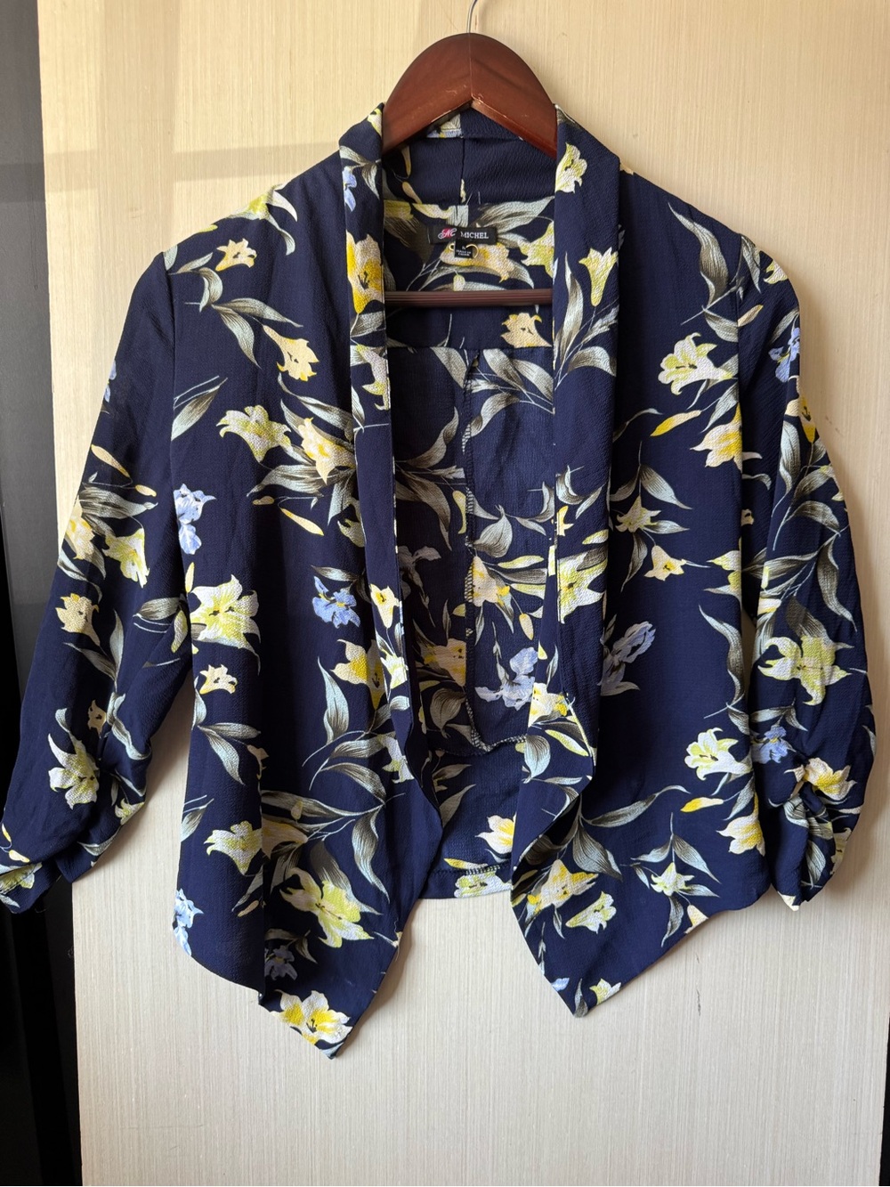 Michele Navy Floral Print Open Front Jacket